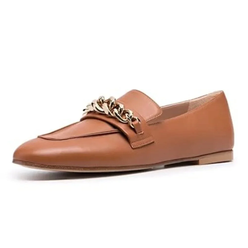 FYS Brown Closed Toe Loafer Flats No Heel Loafers with Gold Chain Walking Shoes